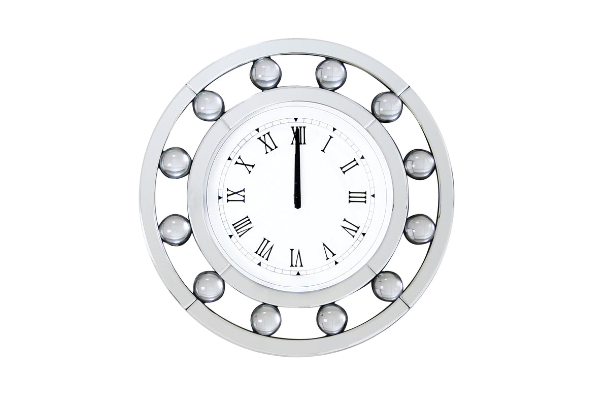 Mirrored Round Shape Wooden Wall Clock, White