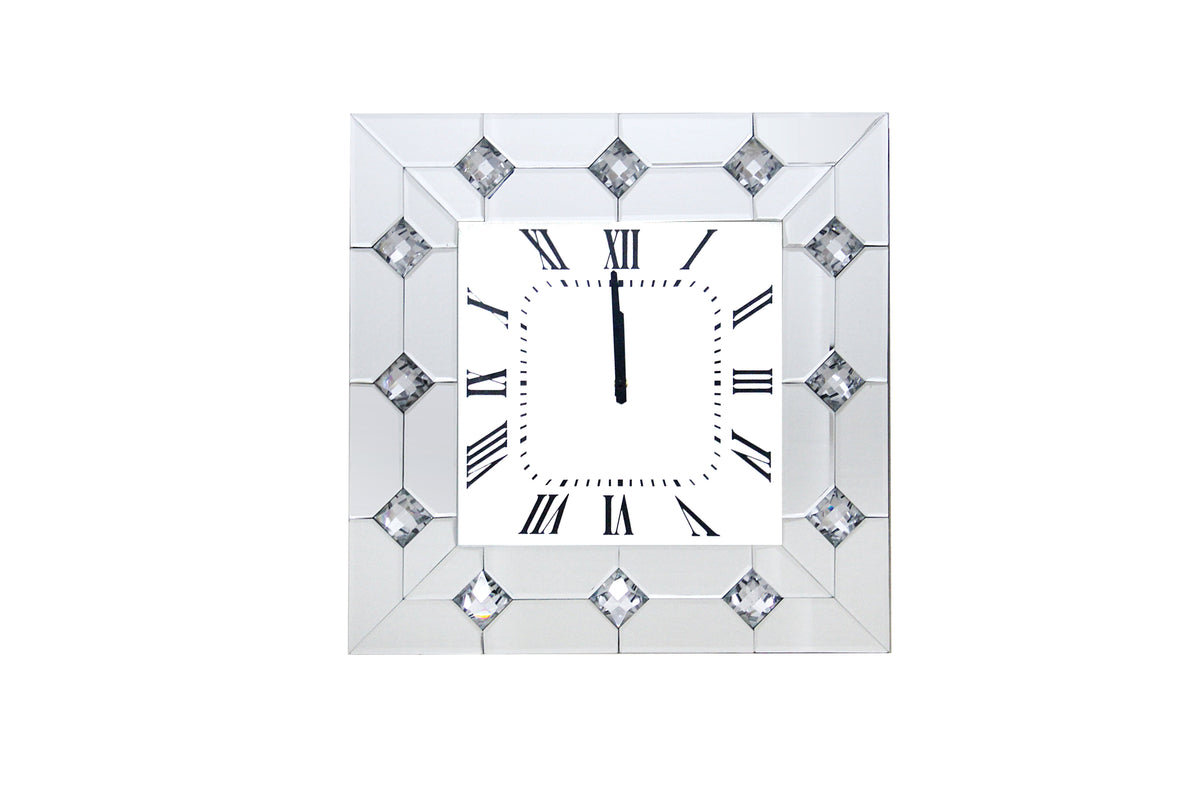 Mirrored Wall Clock with Faux Rhinestones Inlay, White - BM184773