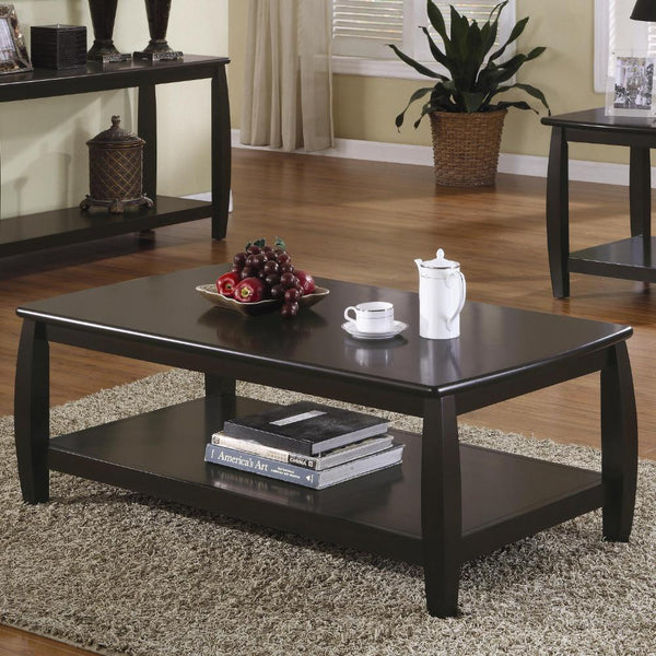Contemporary Style Wooden Coffee Table With Slightly Rounded Shape, Dark Brown