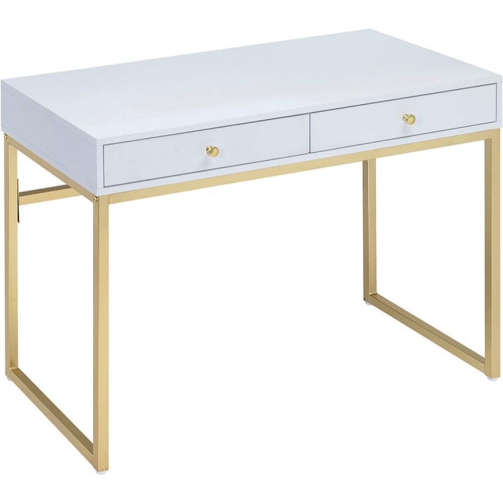 2 Drawer Wooden Desk with Sled Base, White and Gold - BM185350