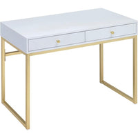 2 Drawer Wooden Desk with Sled Base, White and Gold - BM185350