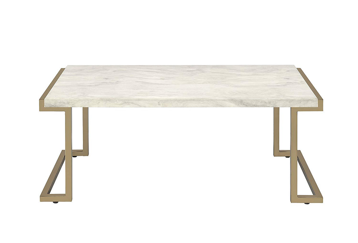 Faux Marble Top Coffee Table With Metal Base, White And Gold - BM185797