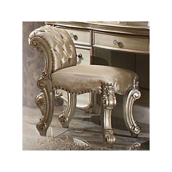 Nailhead Trim Leatherette Vanity Stool with Scrolled Legs, Champagne Gold - BM185905