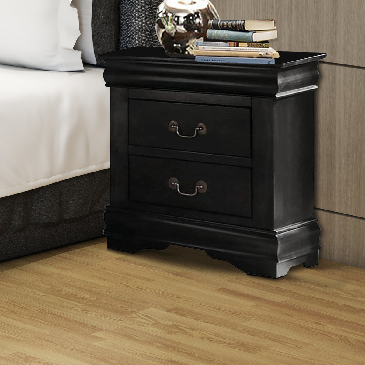 Wooden Nightstand with Two Drawers, Black - BM185915