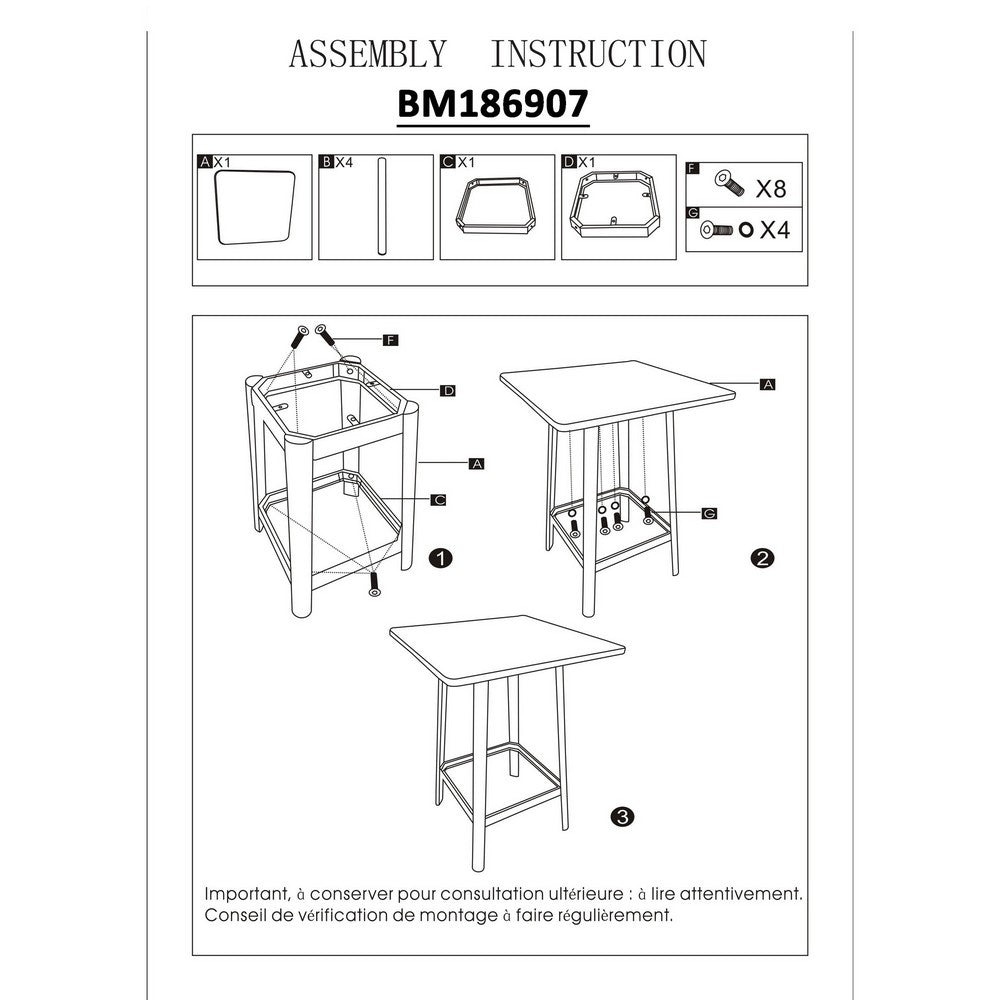 Transitional Square Shaped Wooden Bar Table With Metal Base, Black and Brown