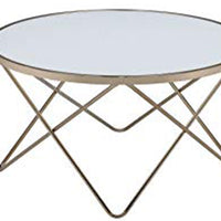 19" Round Glass Top Coffee Table with V Legs, White and Gold