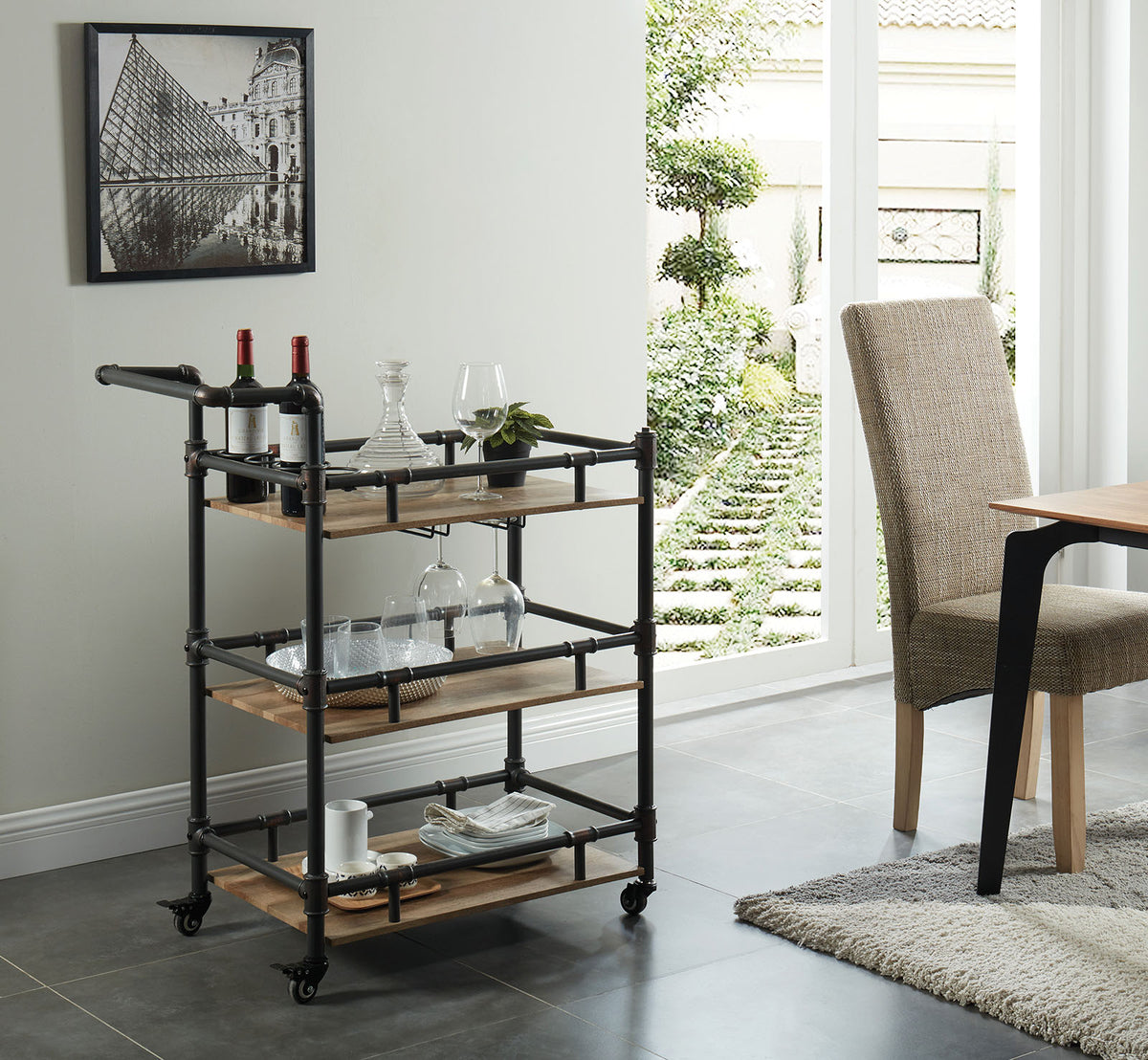 BM188330  - Rustic Three Tier Wood and Metal Serving Cart, Black and Brown