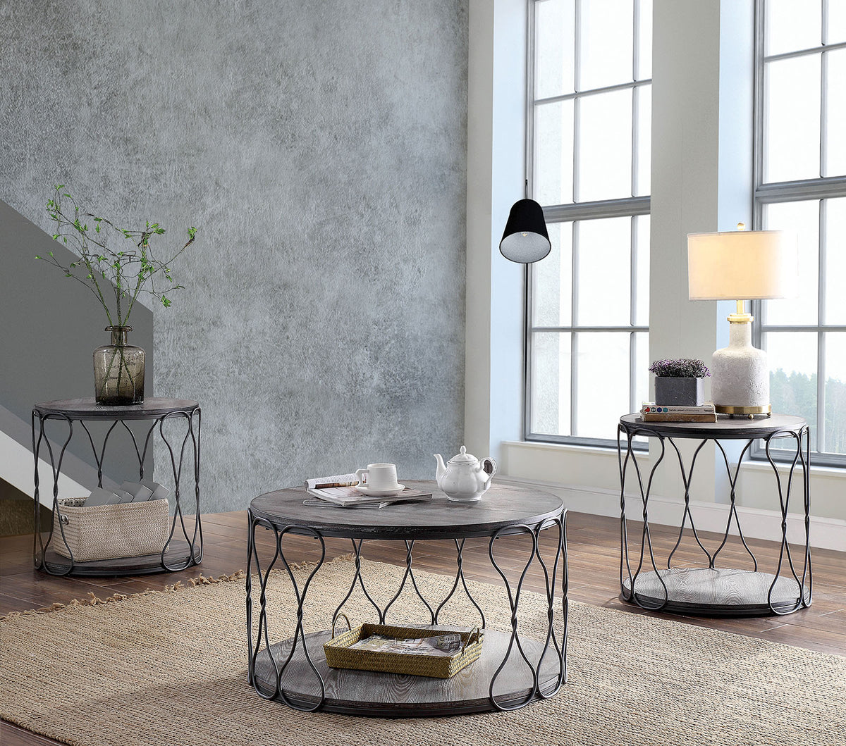BM188342  - Industrial Style Round Metal and Solid Wood Coffee Table with Open Bottom Shelf, Gray and Brown