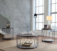BM188342  - Industrial Style Round Metal and Solid Wood Coffee Table with Open Bottom Shelf, Gray and Brown