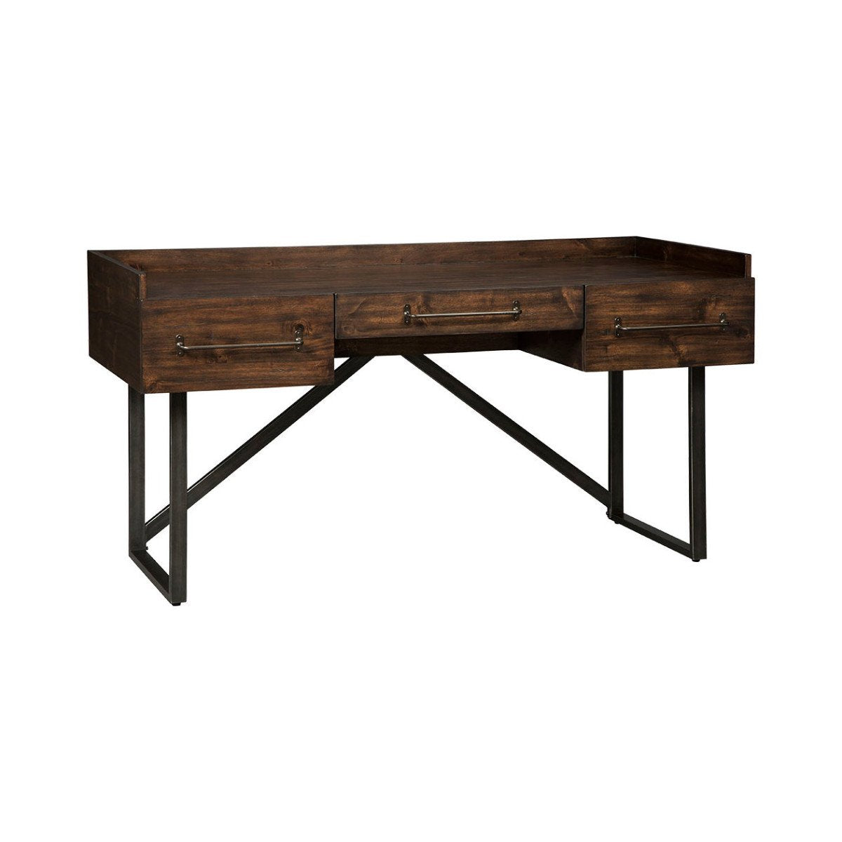 BM190078 - Three Drawers Wooden Desk with Tubular Metal Base and Bar Handles, Brown and Black