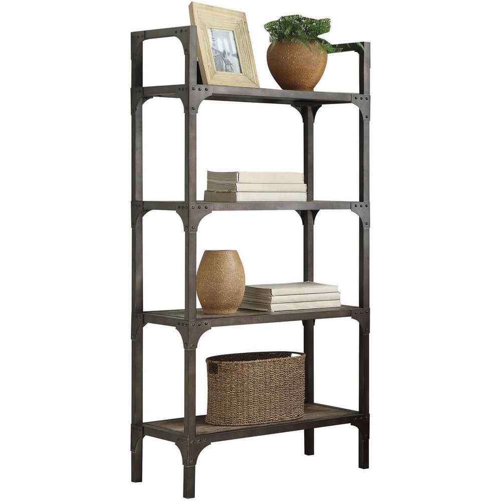 65 Inch 4 Tier Industrial Metal Bookshelf with Rivets, Gray - BM191428