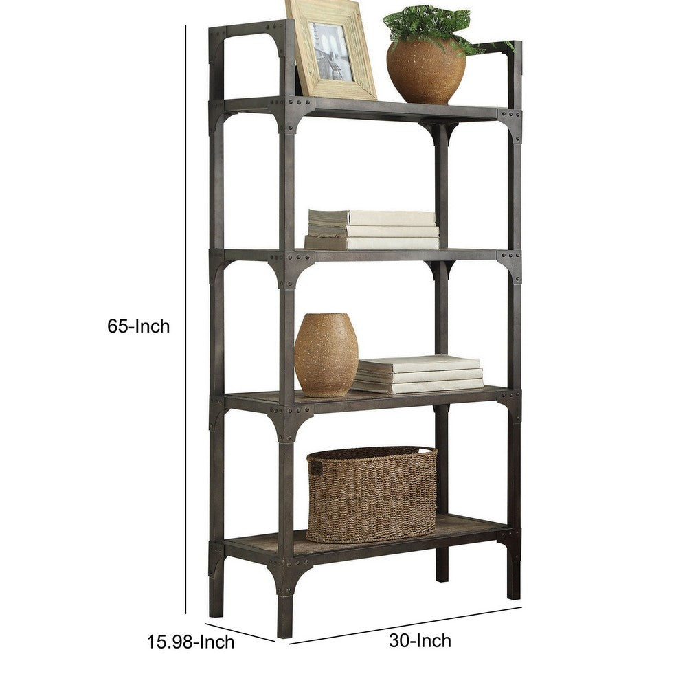 65 Inch 4 Tier Industrial Metal Bookshelf with Rivets, Gray - BM191428