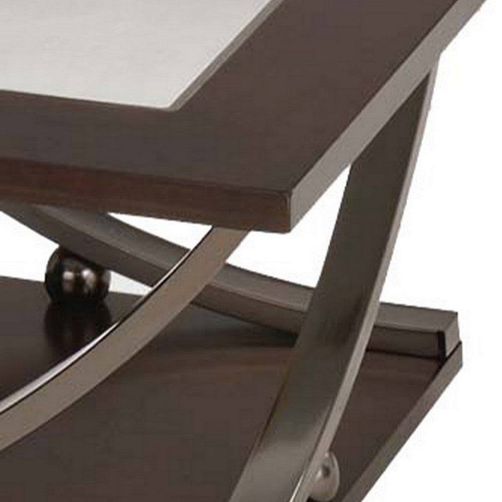 Glass Inserted Wooden Coffee Table with Open Shelf and Castors, Brown - BM193816