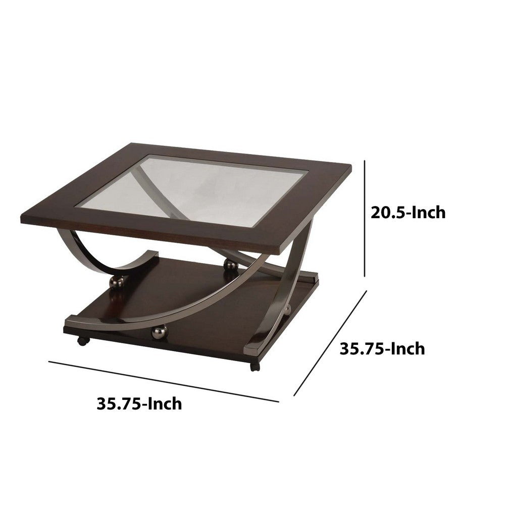 Glass Inserted Wooden Coffee Table with Open Shelf and Castors, Brown - BM193816