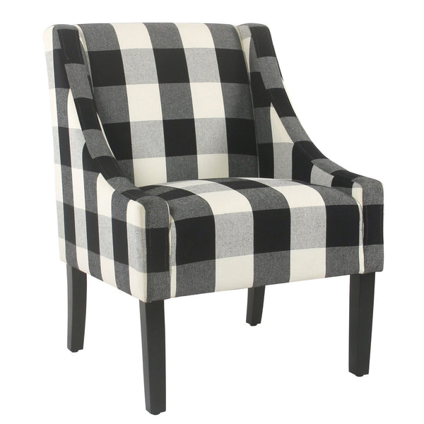 BM194045 - Fabric Upholstered Wooden Accent Chair with Buffalo Plaid Pattern, Black and White