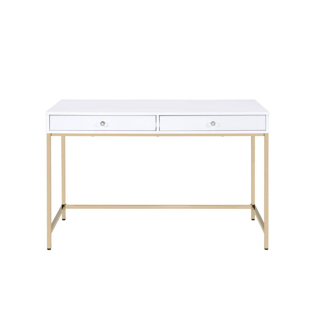 Two Drawers Wooden Desk with Tubular Metal Base, White and Gold  - BM194312