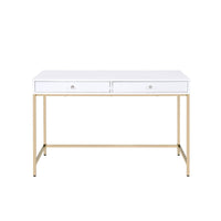 Two Drawers Wooden Desk with Tubular Metal Base, White and Gold  - BM194312