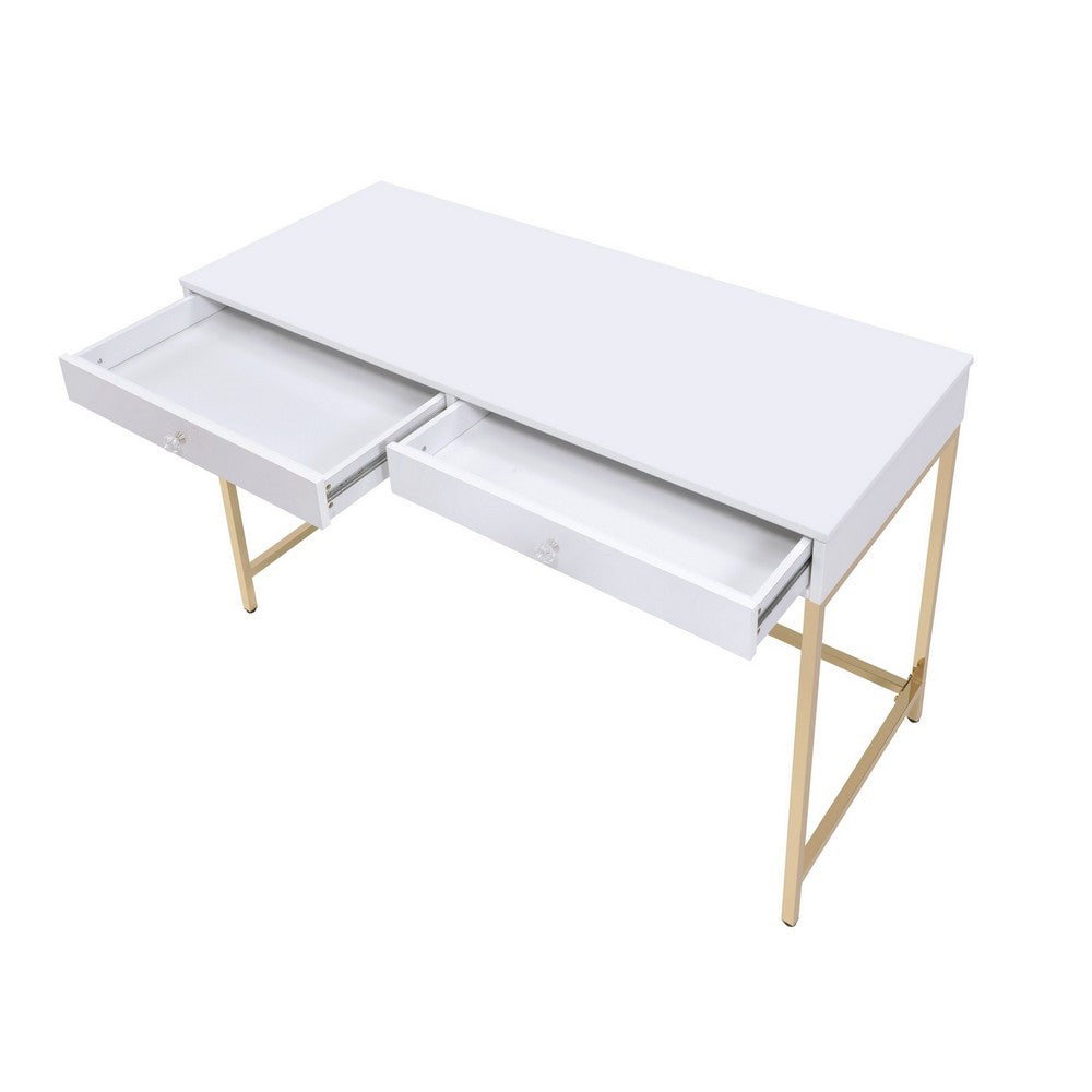 Two Drawers Wooden Desk with Tubular Metal Base, White and Gold  - BM194312