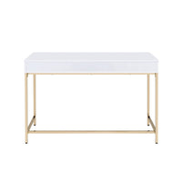 Two Drawers Wooden Desk with Tubular Metal Base, White and Gold  - BM194312