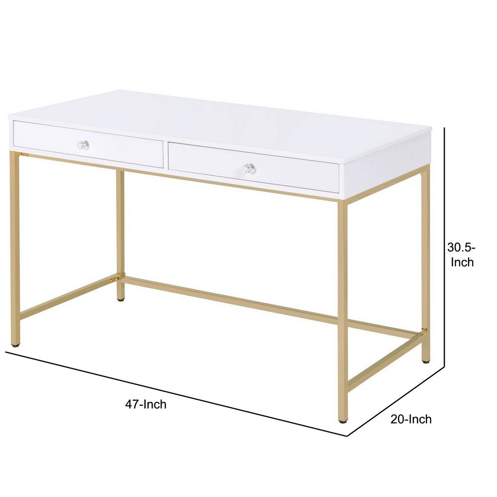 Two Drawers Wooden Desk with Tubular Metal Base, White and Gold  - BM194312