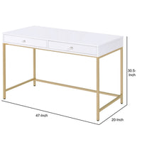 Two Drawers Wooden Desk with Tubular Metal Base, White and Gold  - BM194312