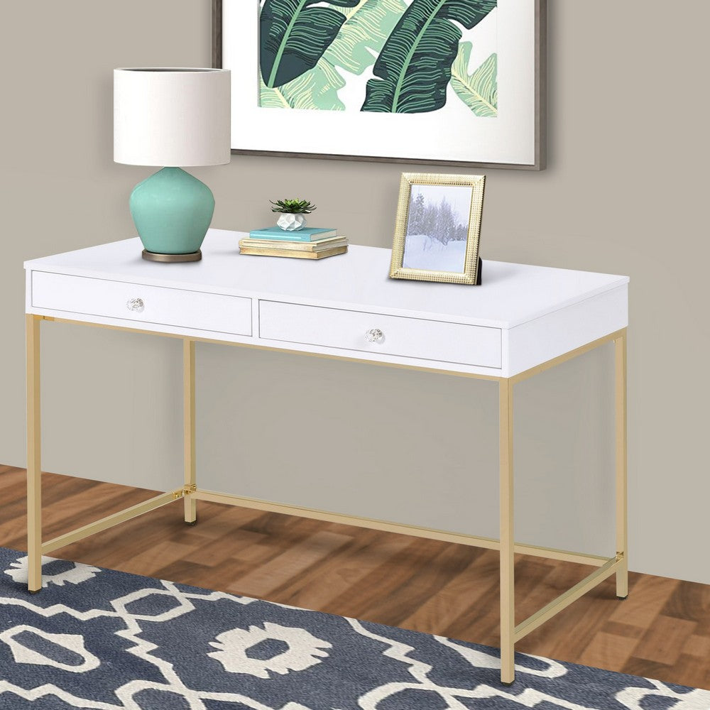 Two Drawers Wooden Desk with Tubular Metal Base, White and Gold  - BM194312