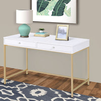 Two Drawers Wooden Desk with Tubular Metal Base, White and Gold  - BM194312