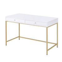 Two Drawers Wooden Desk with Tubular Metal Base, White and Gold  - BM194312