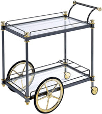 BM194350 Metal Framed Serving Cart with Glass Shelves and Side Handle, Black and Gold