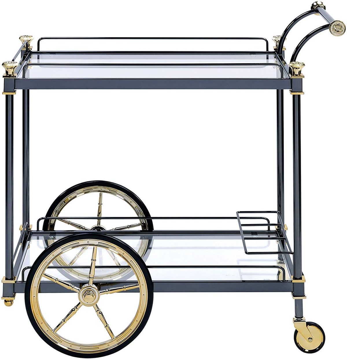 BM194350 Metal Framed Serving Cart with Glass Shelves and Side Handle, Black and Gold