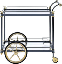 BM194350 Metal Framed Serving Cart with Glass Shelves and Side Handle, Black and Gold