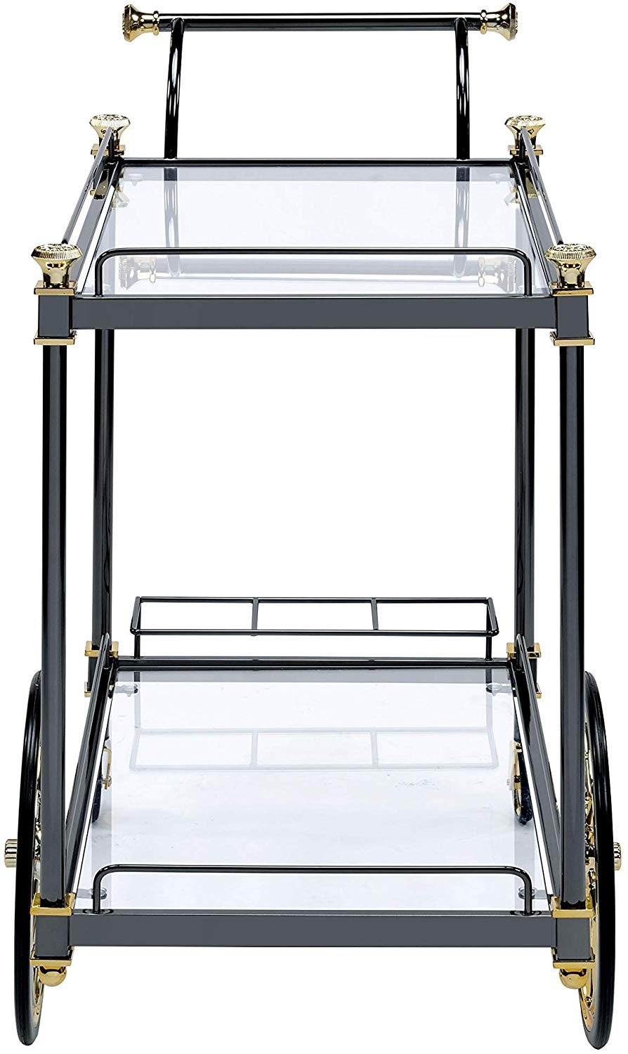 BM194350 Metal Framed Serving Cart with Glass Shelves and Side Handle, Black and Gold