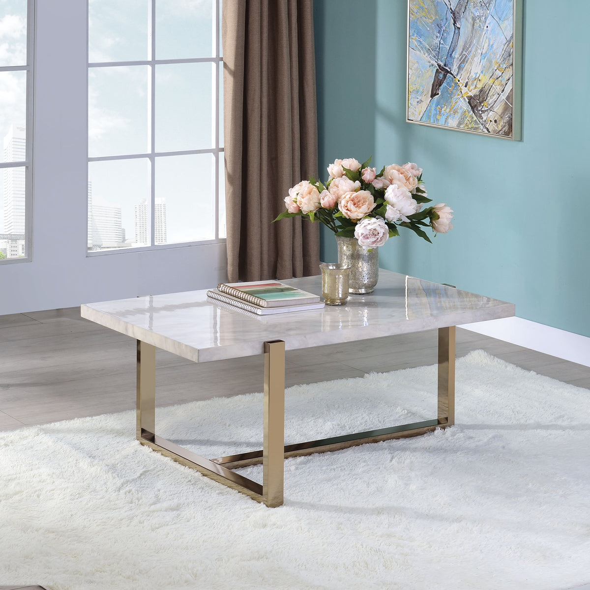 BM194439 Modern Metal Framed Coffee Table with Faux Marble Top, White and Gold