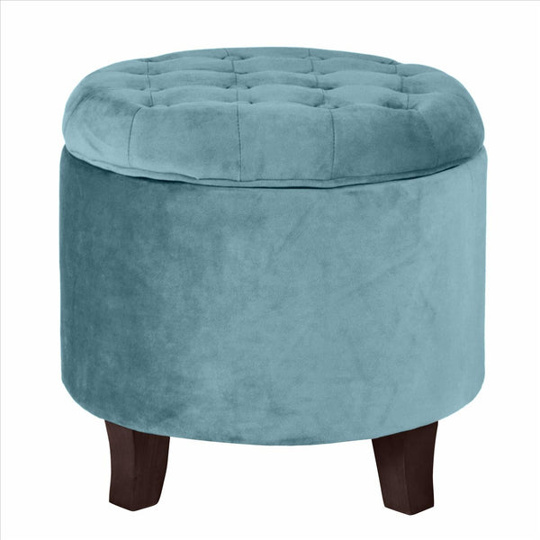 Button Tufted Velvet Upholstered Wooden Ottoman with Hidden Storage, Blue and Brown - BM194925