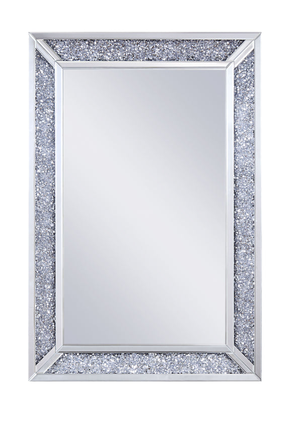 Rectangular Faux Crystal Inlay Wall Mirror with Mirrored Borders, Silver - BM195980