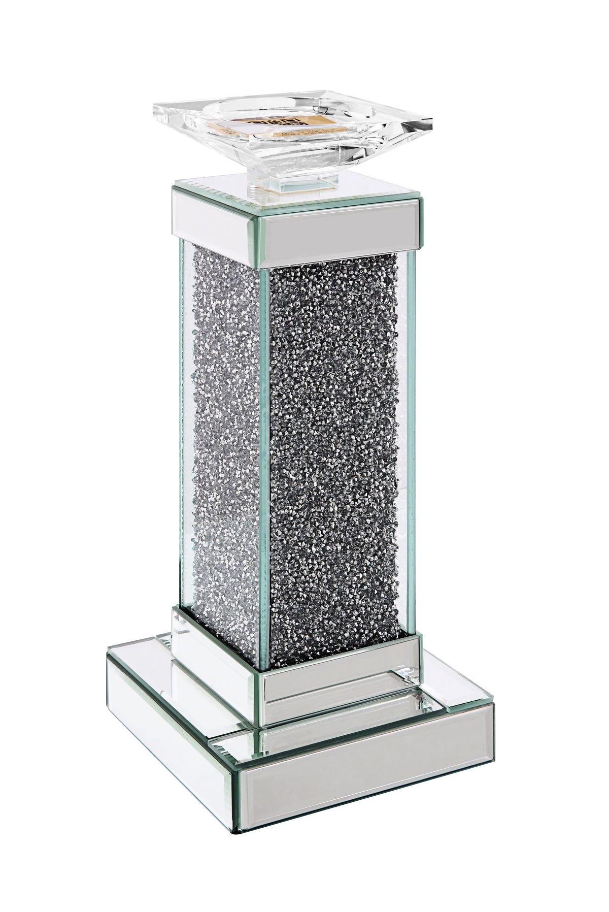 BM195990 - Wood and Glass Candle Holder with Faux Crystals Inlay, Clear, Small, Set of Two