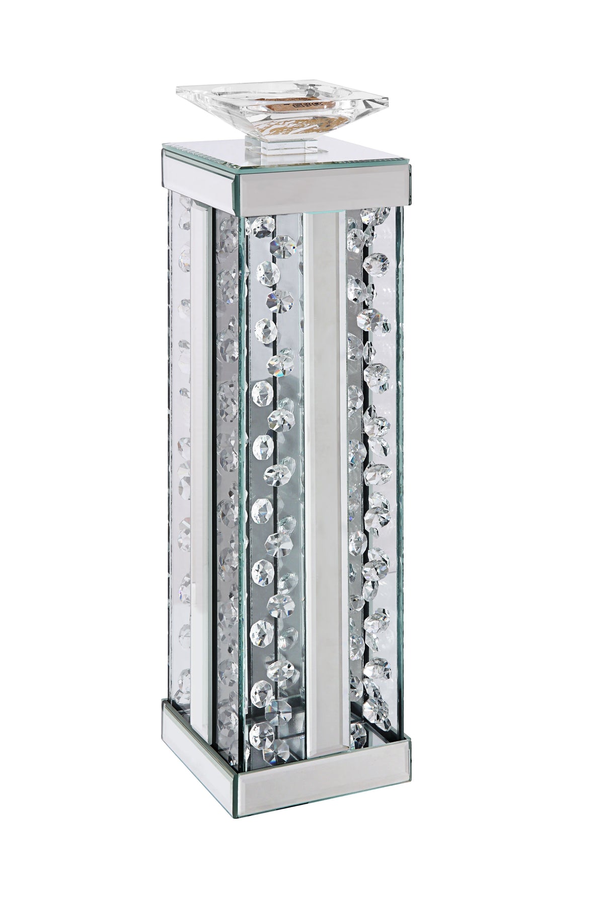 BM195997 - Wood and Glass Candle Holder with Faux Crystal Studs, Clear, Set of Two, Large