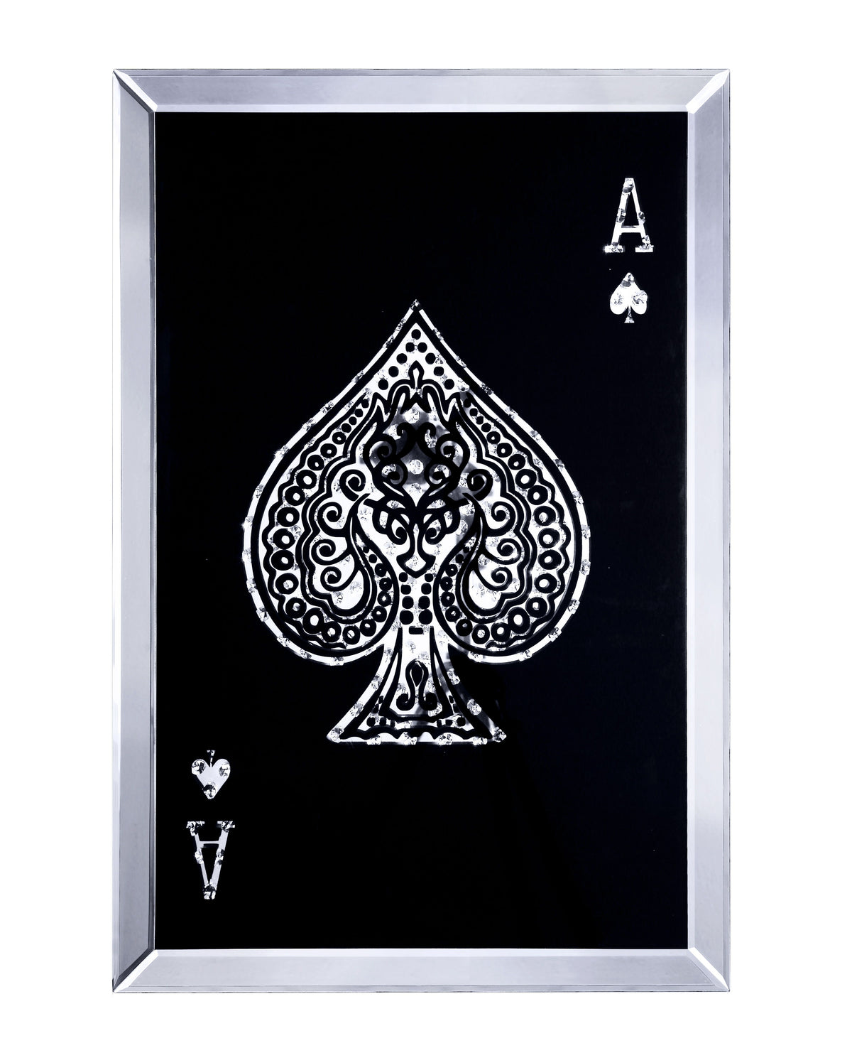 Mirrored Wall Art with Ace Design and Faux Crystals Inlay, Silver and Black - BM196001