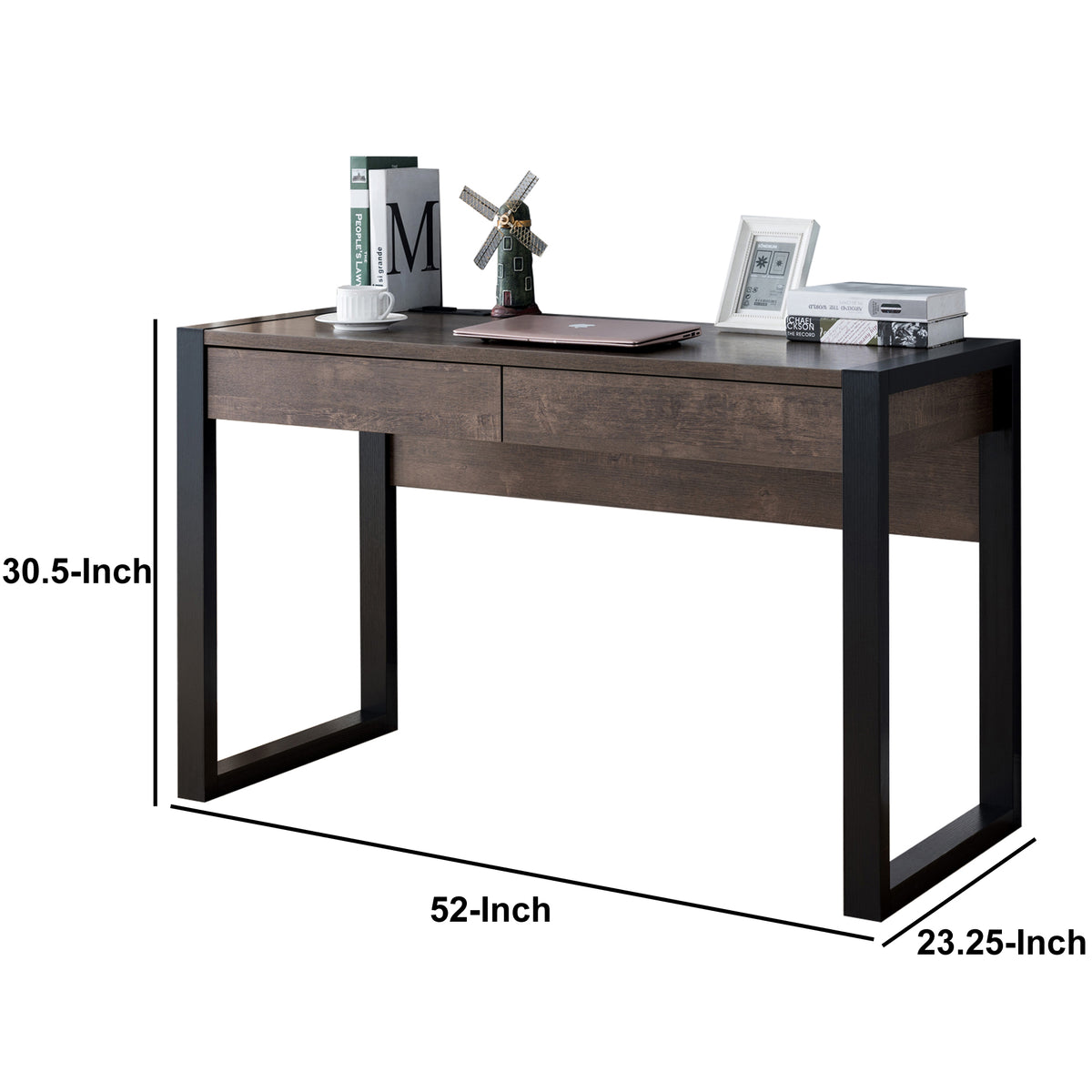 Rectangular Wooden Desk with Electric Outlet and Sled Leg Support, Black and Brown - BM196205