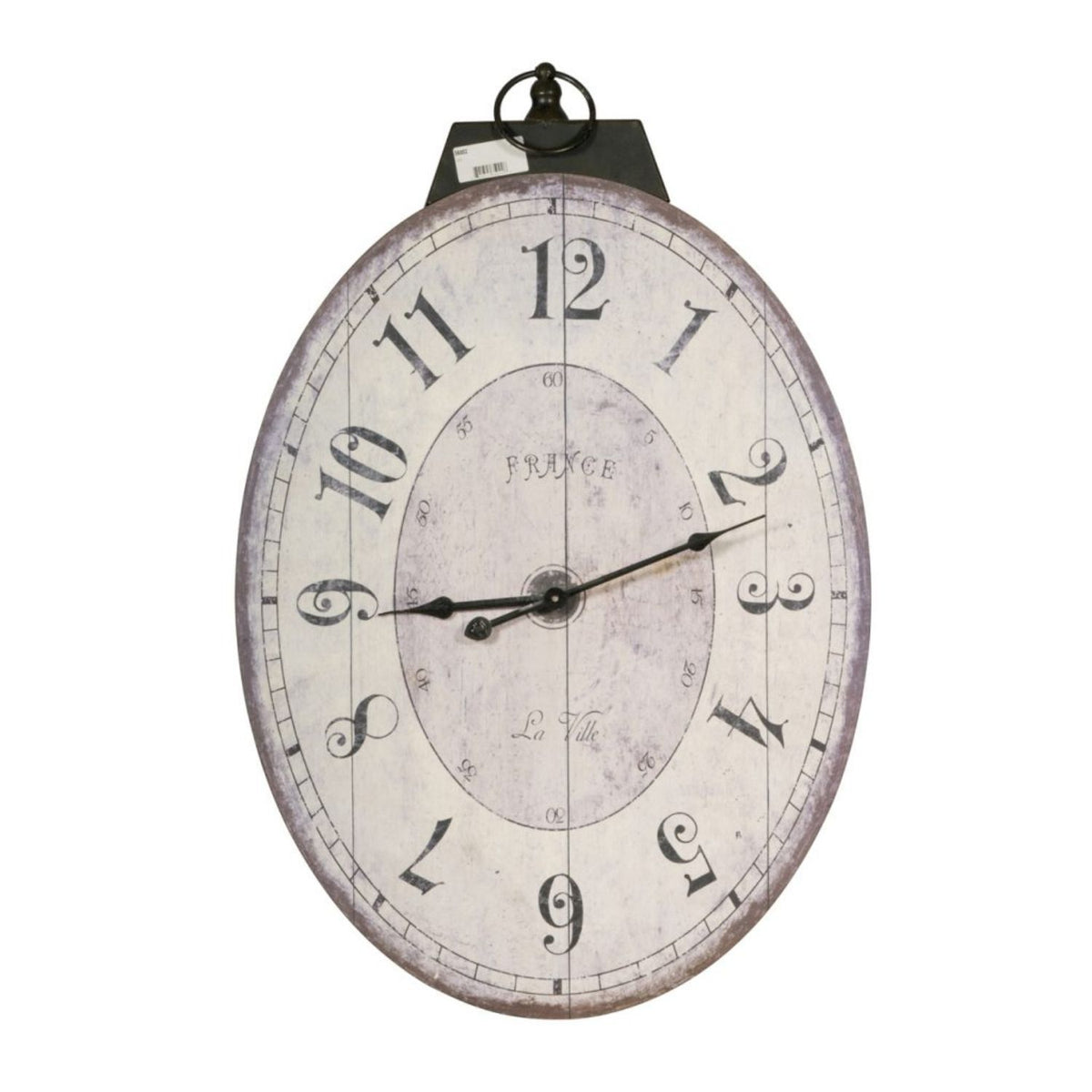 Distressed Oval Shape Wooden Wall Clock with Ring Hanger,  White and Black - BM196306
