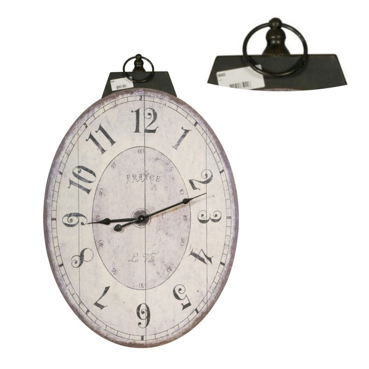 Distressed Oval Shape Wooden Wall Clock with Ring Hanger,  White and Black - BM196306