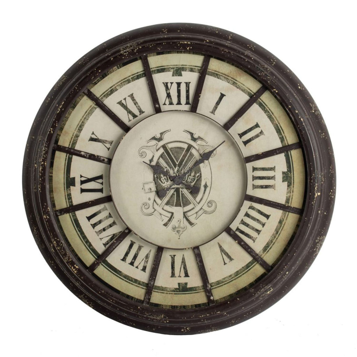 Oversized Wood and Metal Wall Clock with Distressed Details, Antique Gray and Cream - BM196307