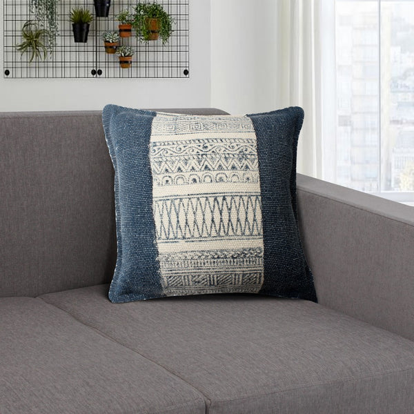 18 x 18 Square Handwoven Accent Throw Pillow, Polycotton Dhurrie, Kilim Pattern, Set of 2, White, Blue - BM200551