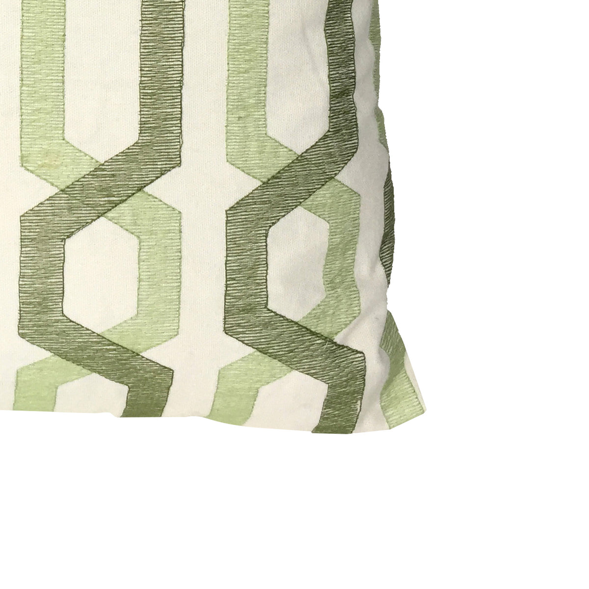 Contemporary Cotton Pillow with Geometric Embroidery, White and Green - BM200583