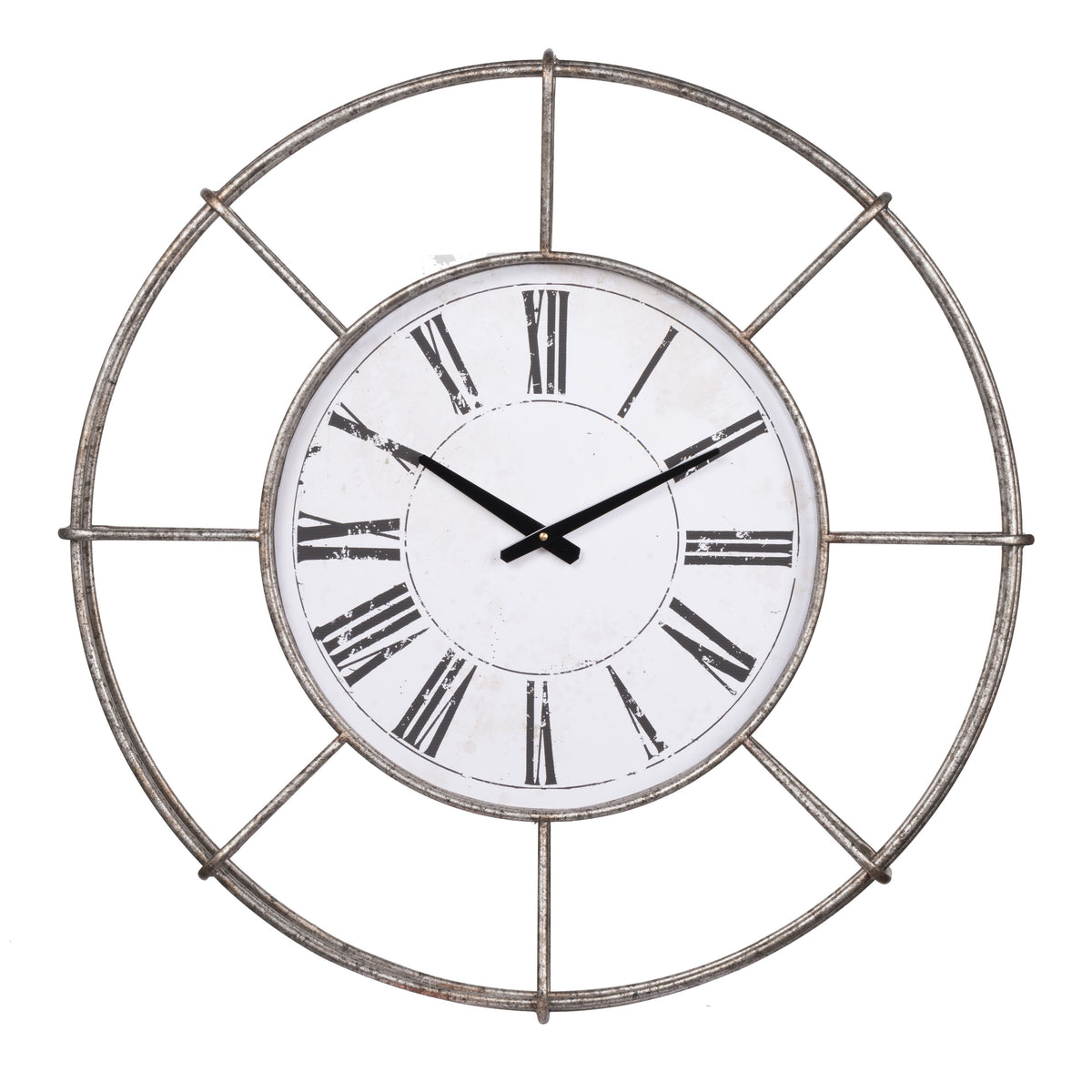 Metal Wall Clock with Circle Dial and Roman Numbers, Silver and White - BM200639