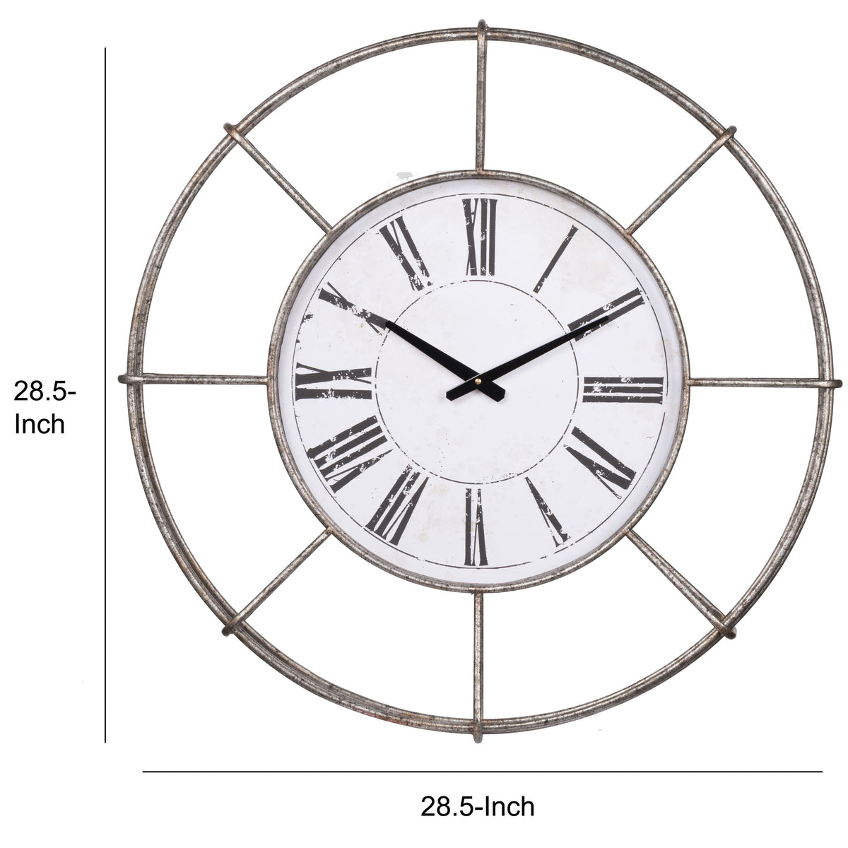 Metal Wall Clock with Circle Dial and Roman Numbers, Silver and White - BM200639