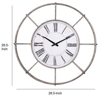 Metal Wall Clock with Circle Dial and Roman Numbers, Silver and White - BM200639