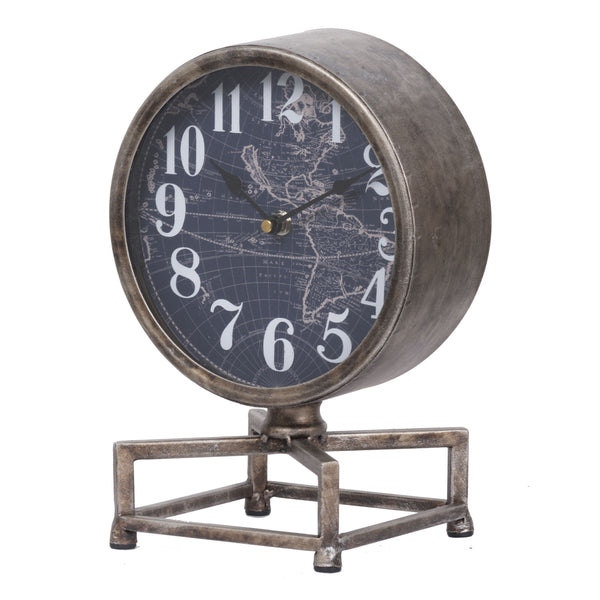 Metal Table Clock with Map Theme Background and Geometric Base, Gray - BM200646