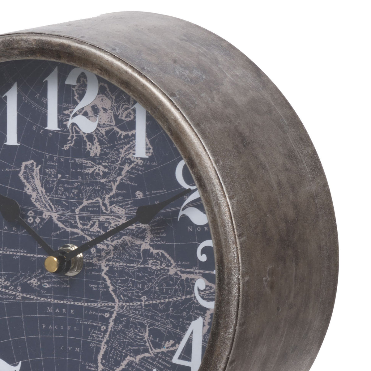 Metal Table Clock with Map Theme Background and Geometric Base, Gray - BM200646