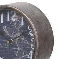 Metal Table Clock with Map Theme Background and Geometric Base, Gray - BM200646